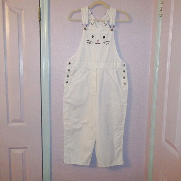 Agapo Embroidered Cat Bib Overalls Size S Kitty Ears Wide Leg Pockets Crop MEOW - Picture 1 of 12